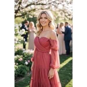 NWT ALAMOUR DRESS GOWN PINK EVENING FORMAL WEDDING GUEST COQUETTE MILKMAID TIERS